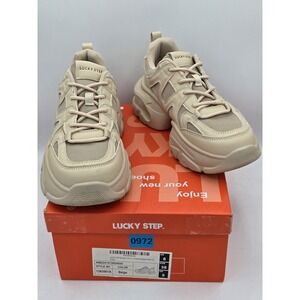 LUCKY STEP Women's Platform Chunky Air Cushion Sneakers Beige Sz 8 M‎